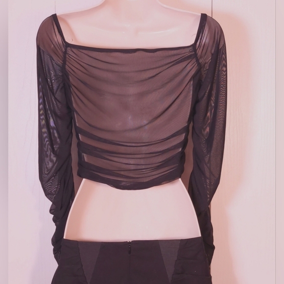 Cider Black Mesh Top Size Large Sheer Back Long Sheer Sleeves With Ruching - Picture 4 of 10